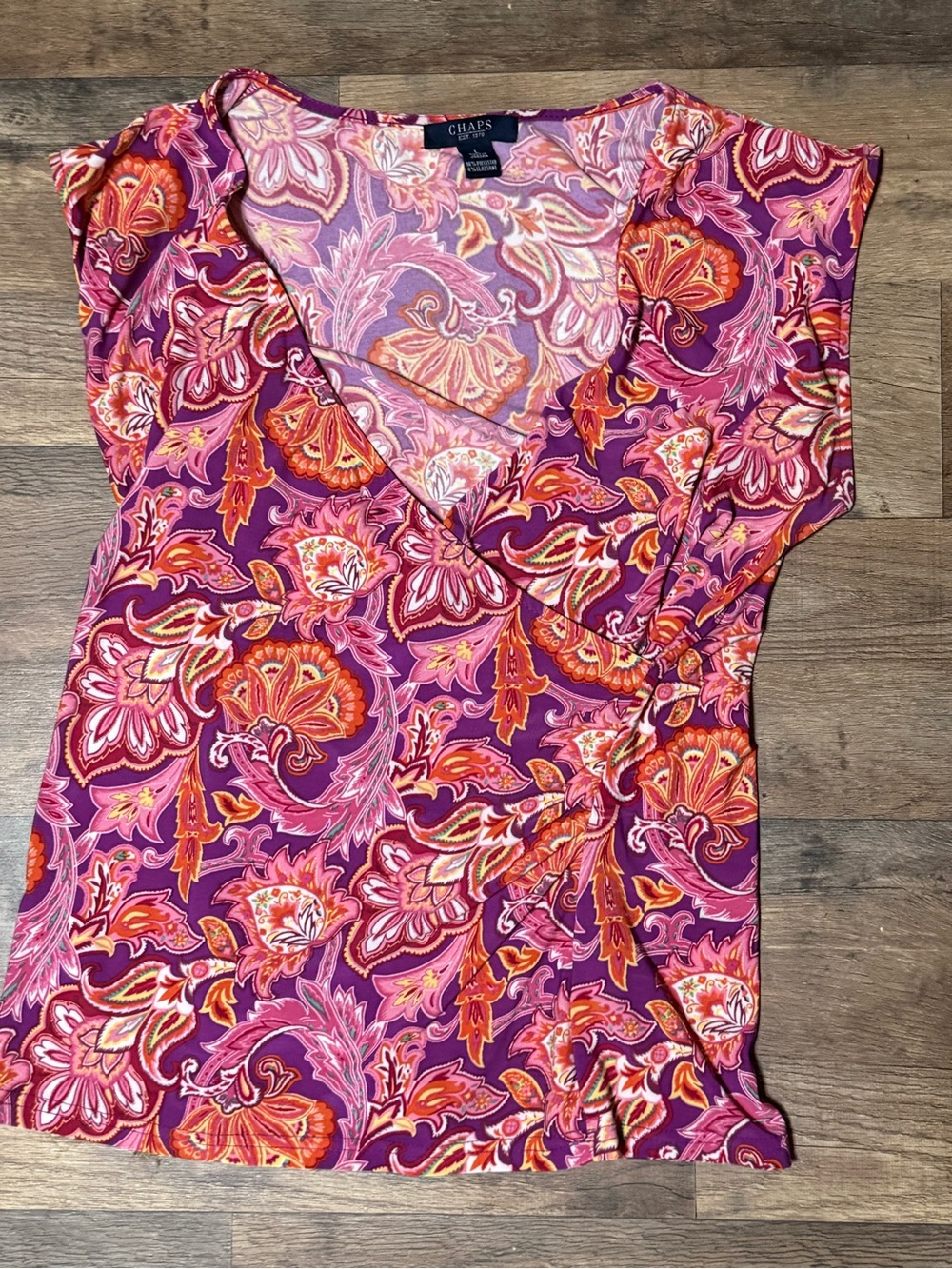 Chaps Paisley Sleeveless Faux Wrap Top Purple Pink Orange Floral •Size L• - Picture 10 of 10